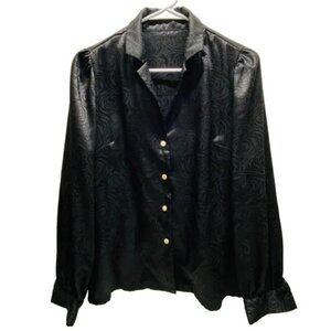Shein Button-Up‎ Blouse Women's Small Long Sleeve Black Tonal Floral Career EUC